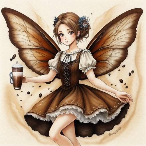 Coffee Fairy with Translucent Wings, Watercolour Painting