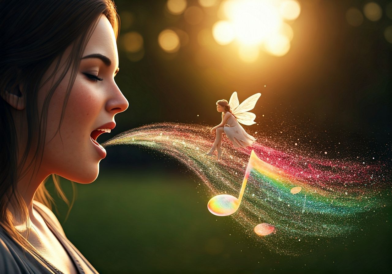 Ethereal Fairy Riding Rainbow Music Note in Photorealistic S...