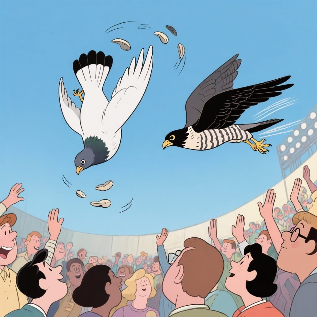 Whimsical Cartoon Birds in Aerobatic Display