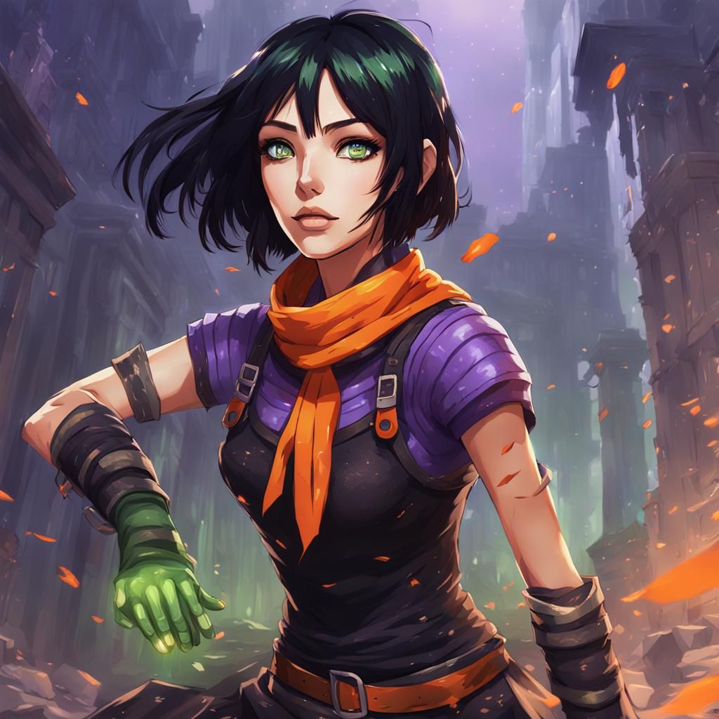 Anime Hunter with Green Eyes and Ripped Skirt