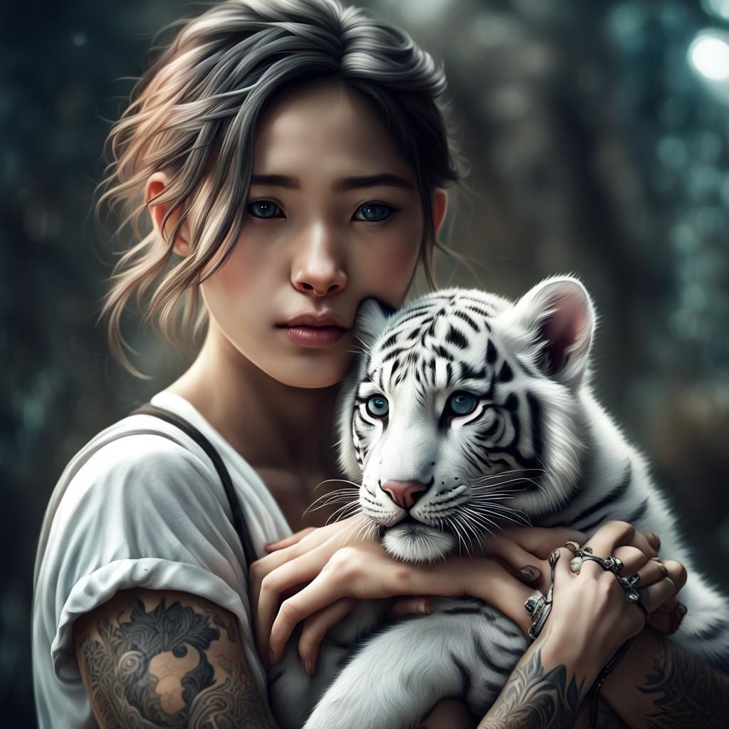 asian girl with tiger cute puppy