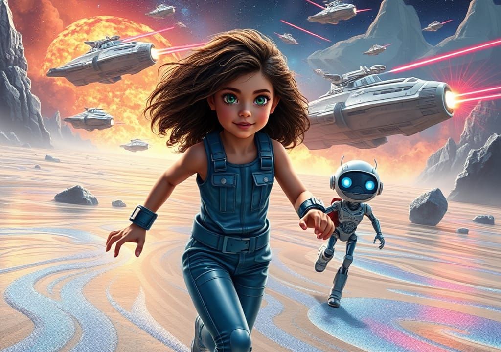 Girl and Android Run on Alien Beach in 3D