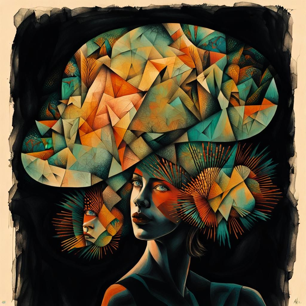 Geometric Cubist Portrait with Turquoise and Orange Shards