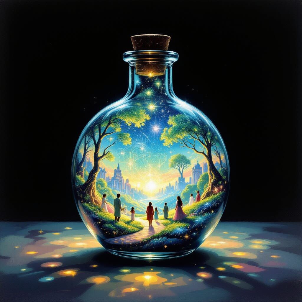 Luminescent World Inside Glass Bottle: Impasto Painting