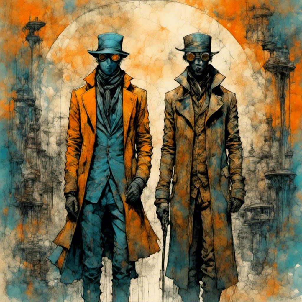 Two Spies in a Surreal Art Nouveau Landscape