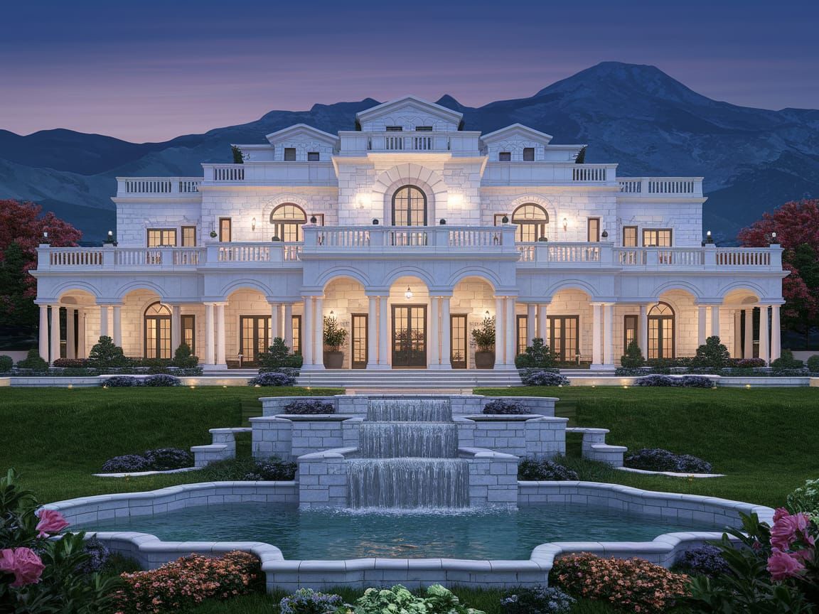 Luxurious White Stone Mansion at Dusk