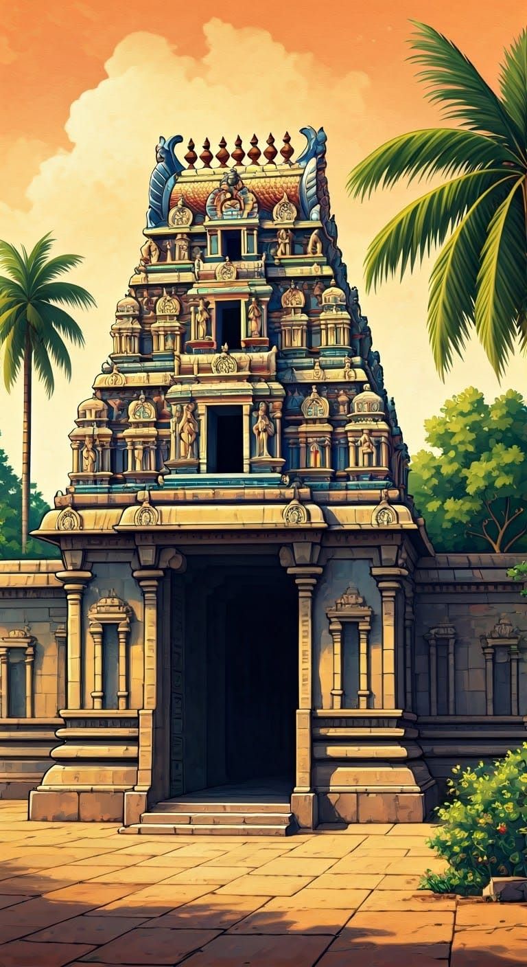 Tamil Hindu Temple in Vibrant Folk Art Style