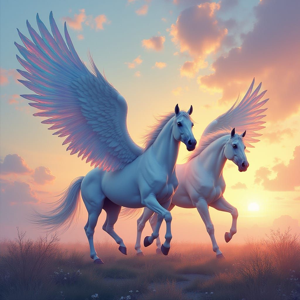 Majestic Pegasus Horses Soar in Vibrant, Ethereal Landscape