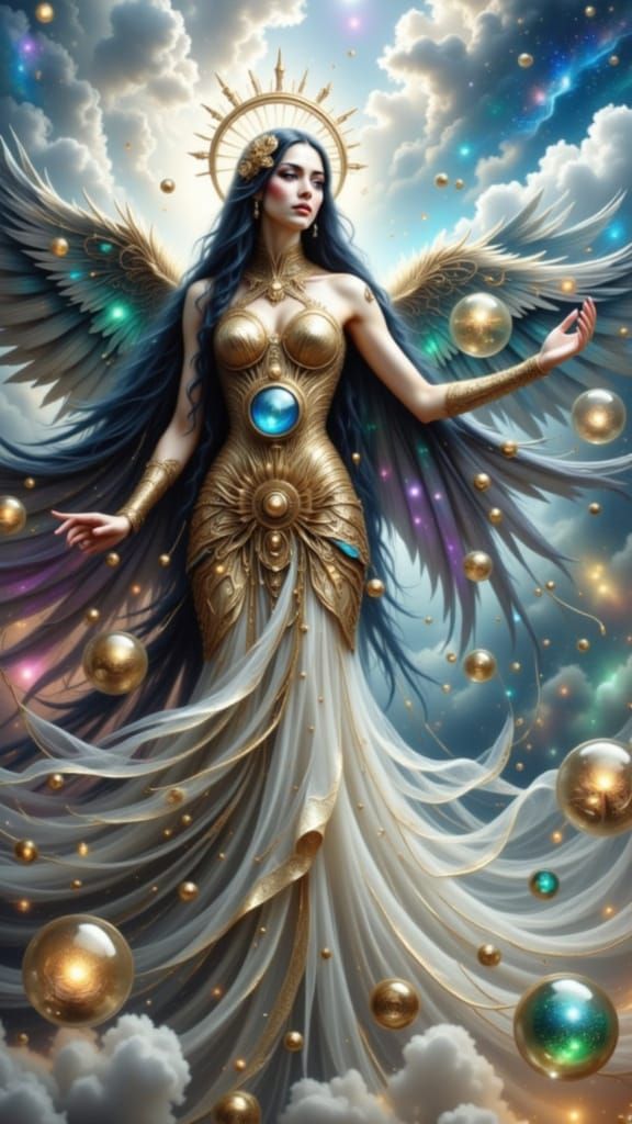 Celestial Clockwork Angel with Nebula Sky