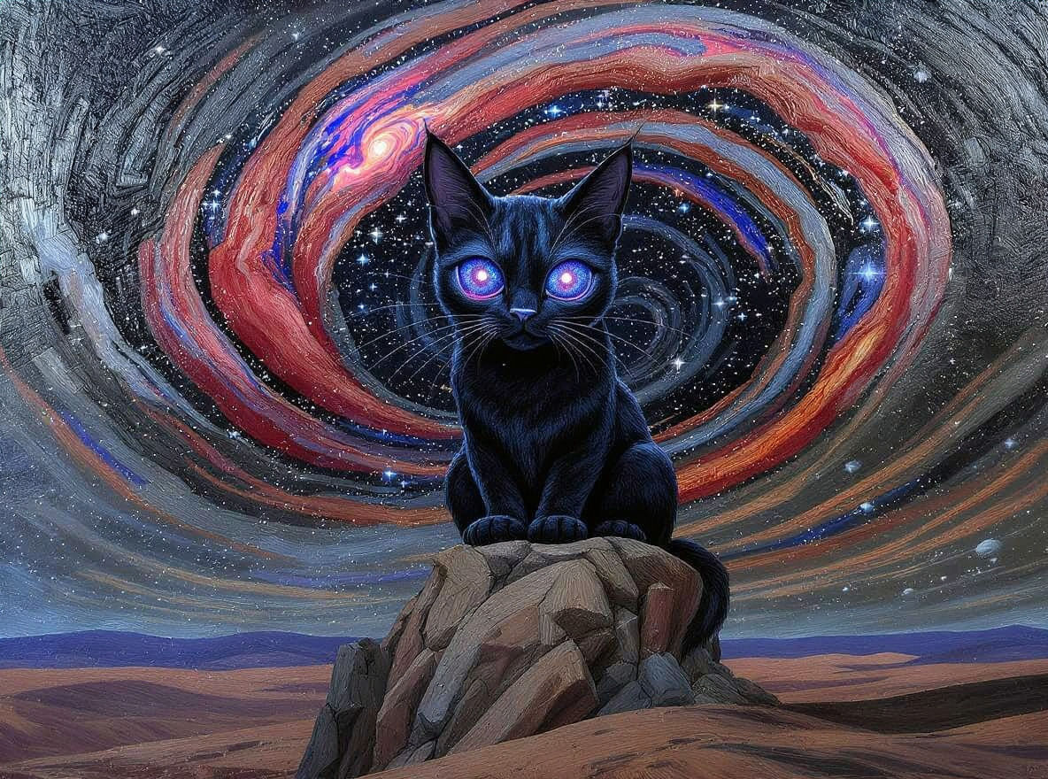 Obsidian Cat on Crumbling Statue in Cosmic Desert