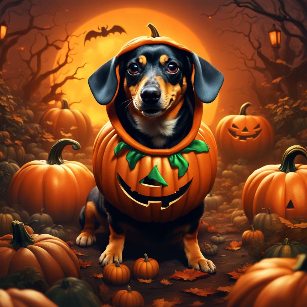 Dachshund in Pumpkin Costume, Halloween Night