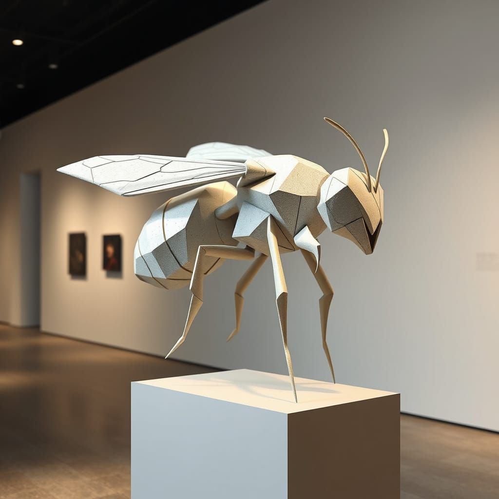 Geometric Brutalist Bee Sculpture in Cubist Style