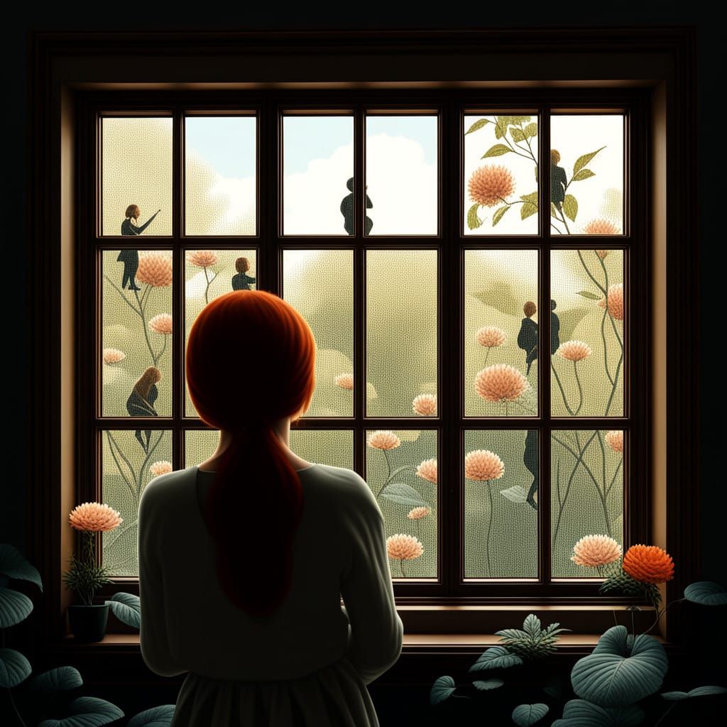 Surrealist Scene of Redhead Woman Watching Airplane Fly By