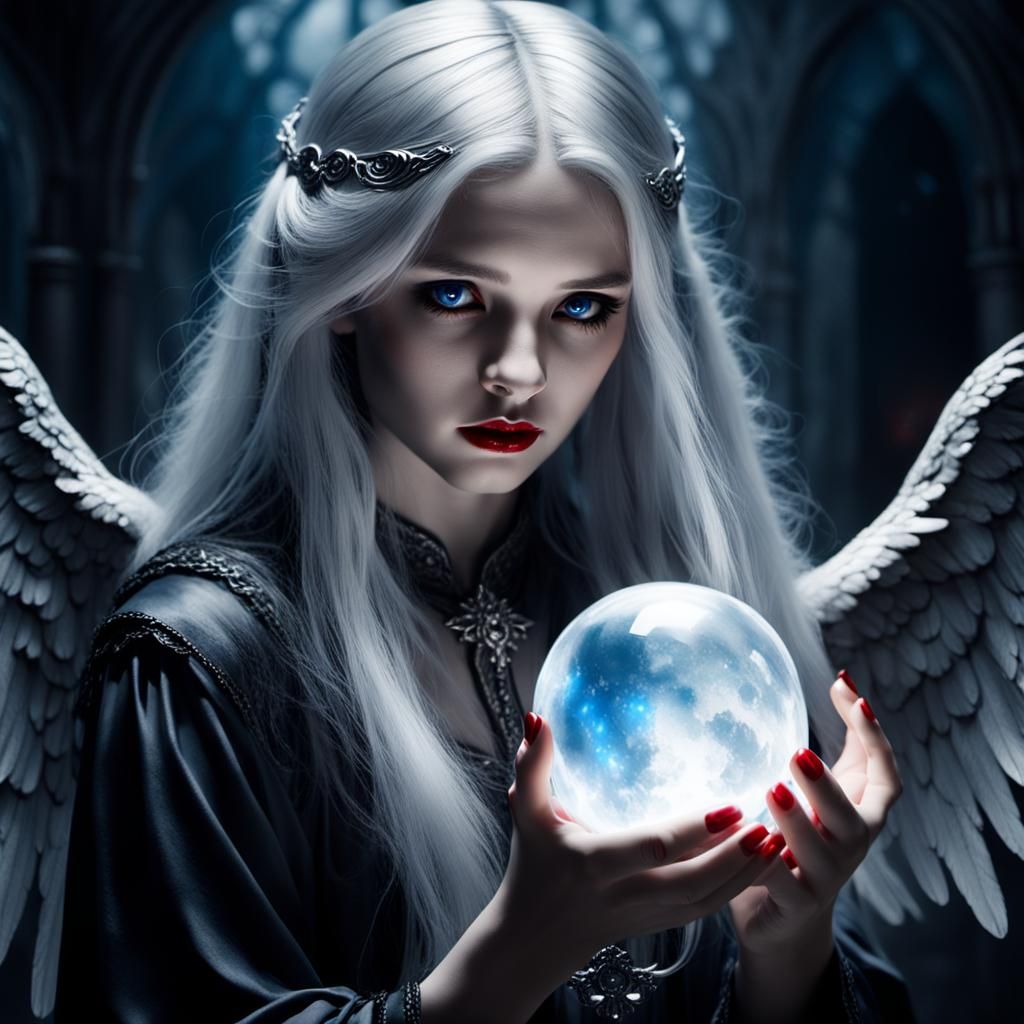Fantasy Angel Gazing into Orb in Gothic Style