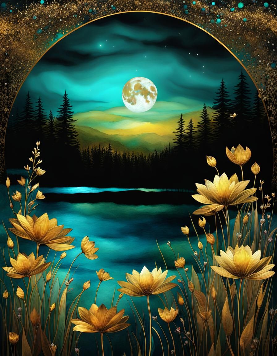 Moonlit Floral Field with Lake Reflection in Alcohol Ink