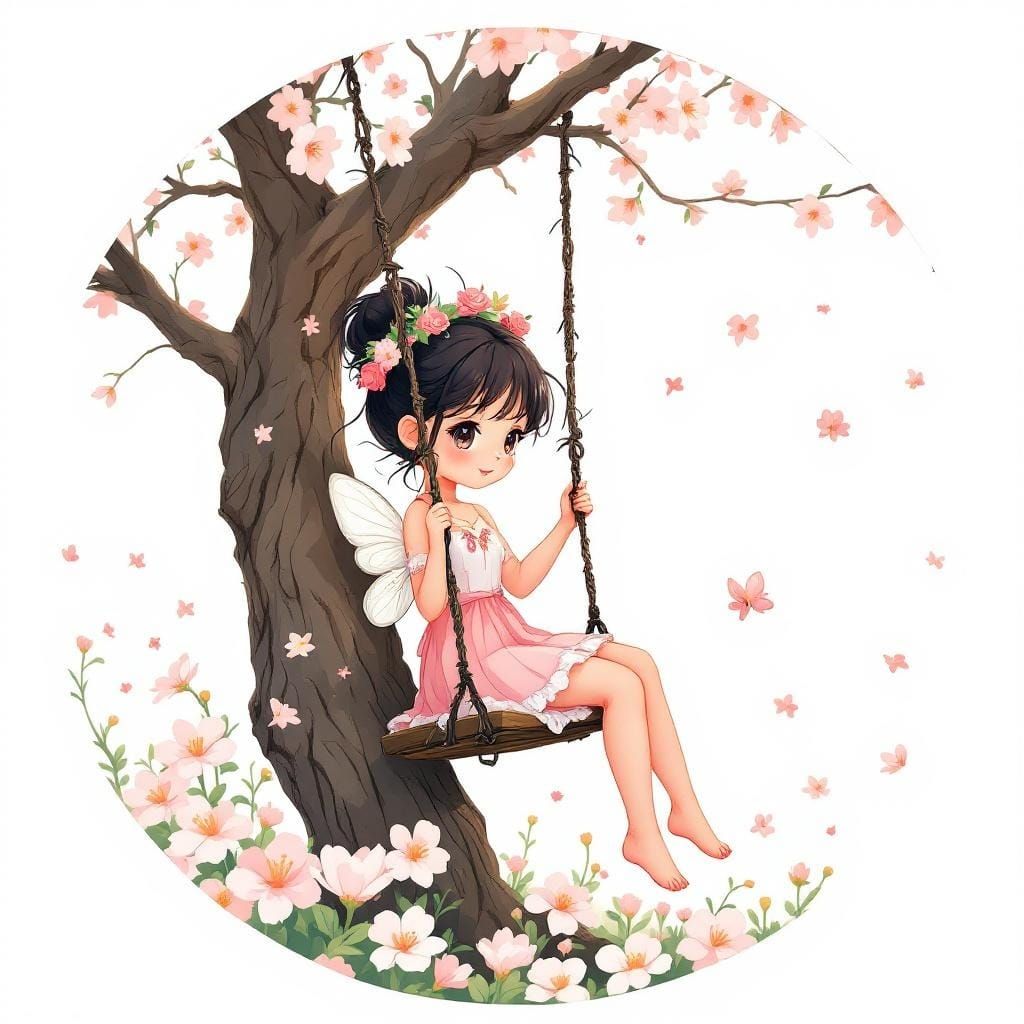 Chibi Fairy on Floral Swing: Vector Illustration