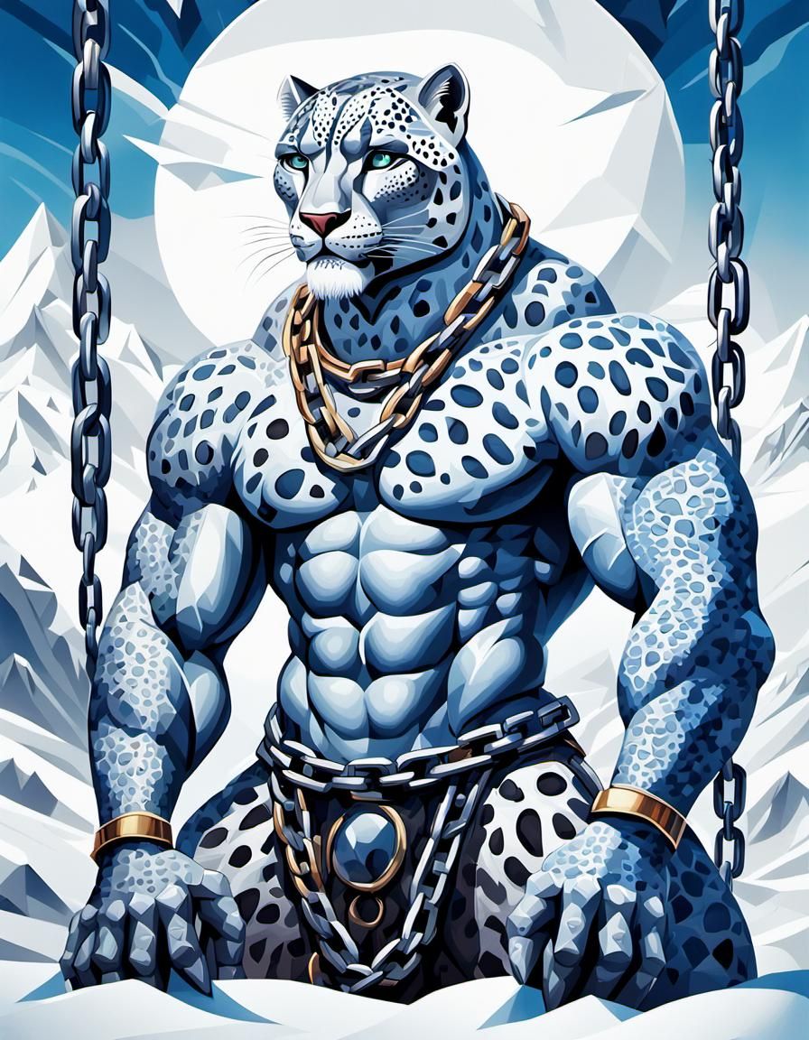 anthropomorphic snow leopard man with massive muscular muscle ,8k resolution concept art with chains,spikes and huge cla...