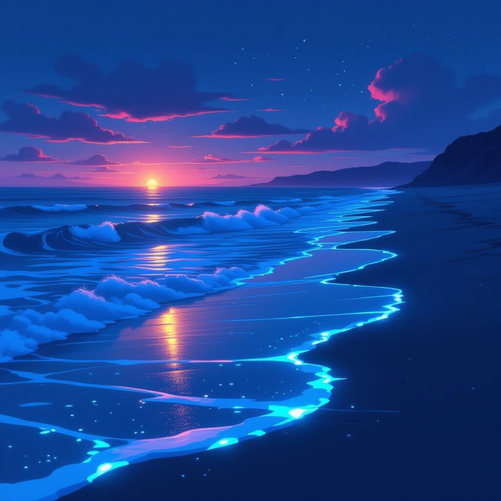 Bioluminescent Waves at Dusk: Ethereal Seascape