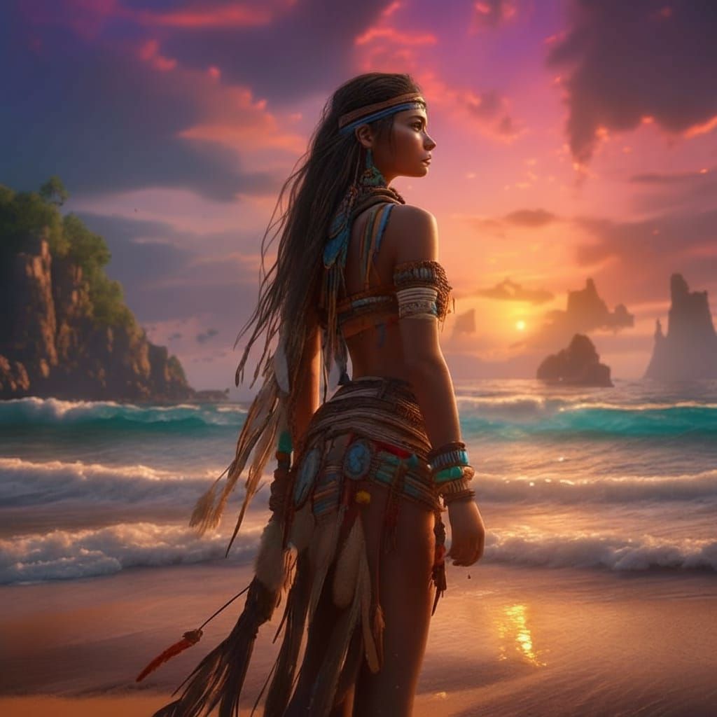 Mesmerizing Sunset Beach Scene with Native American Girl