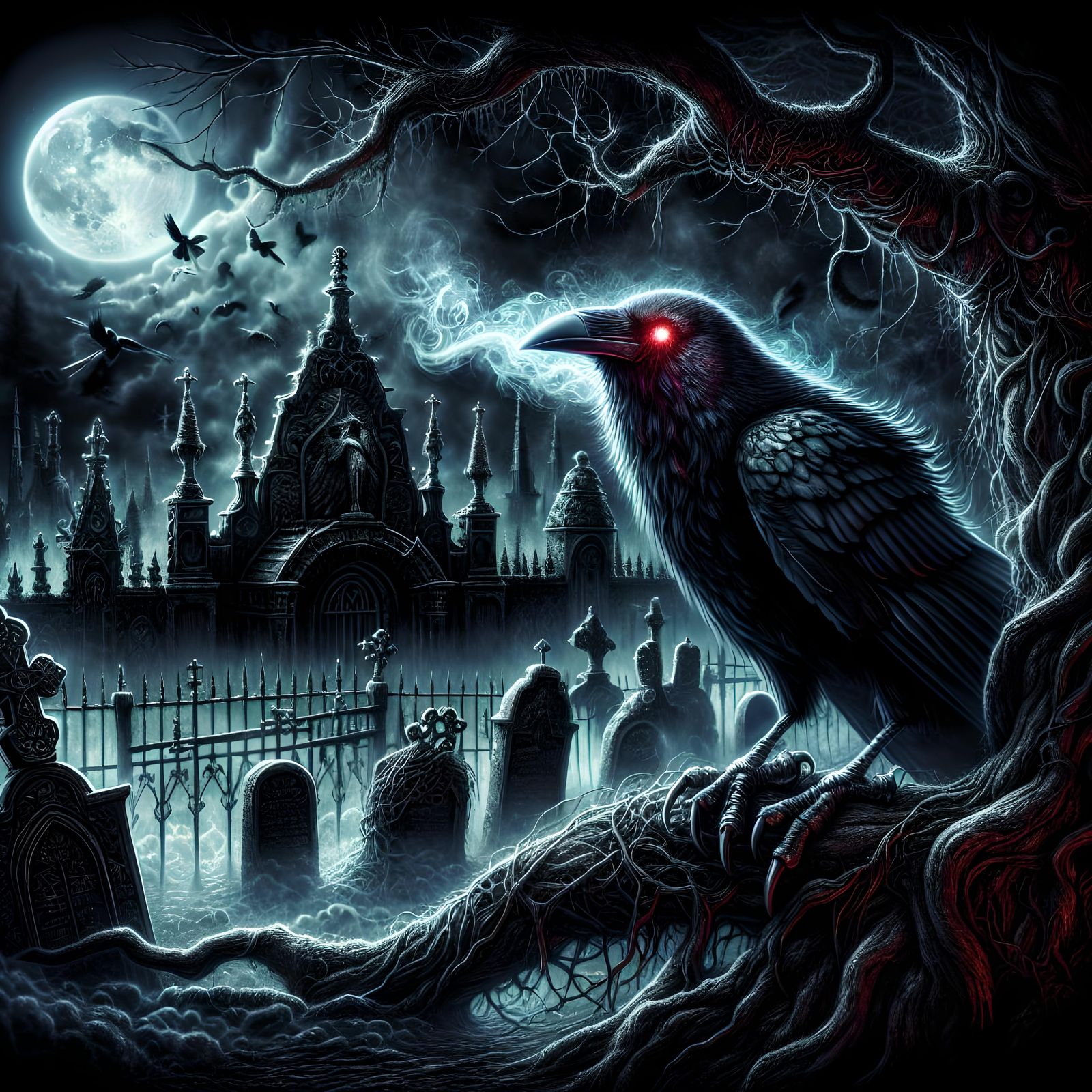Eerie Crow in Graveyard: Dark Fantasy Digital Art