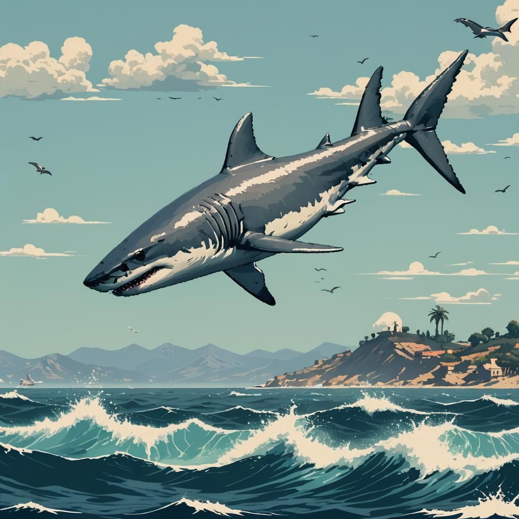Great White Shark Jumps in Retro SNES Style