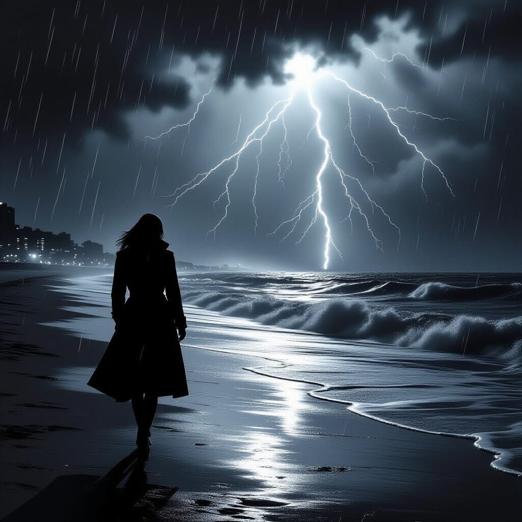 Noir Woman on Stormy Beach at Night