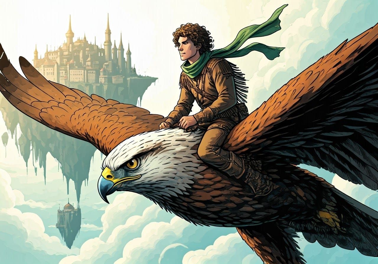 Young Ranger Soars on Majestic Hawk, High Fantasy Adventure