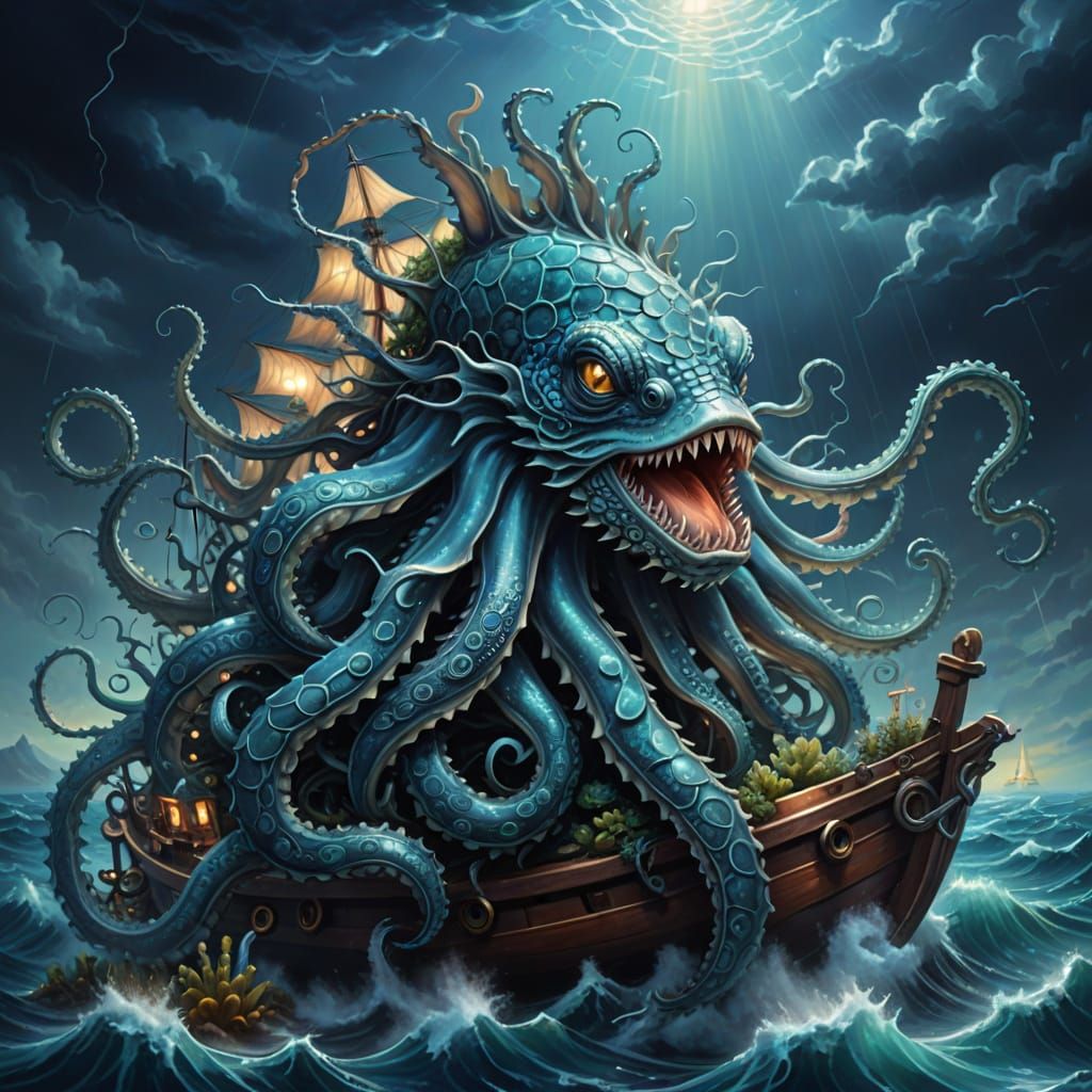 Sea Creature Protects Sailors: Surreal Dreamlike Oil Paintin...