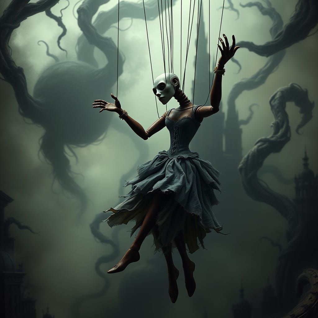 Whimsical Marionette Swings Amidst Vortex of Chaos