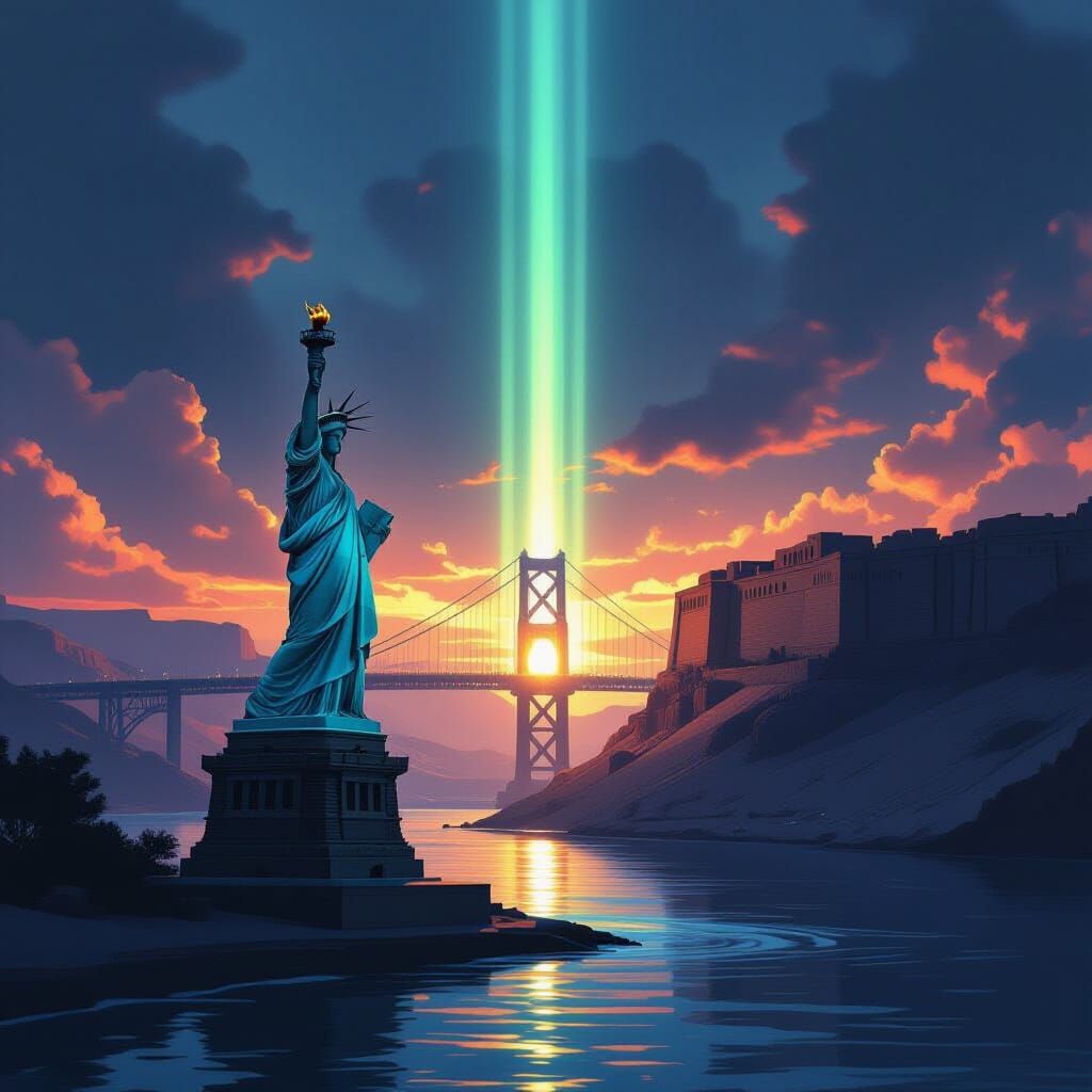 Statue of Liberty & Masada Connected by Glowing Bridge