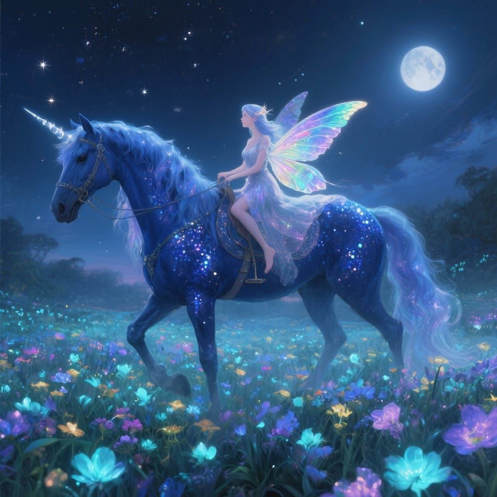 Fairy on Midnight Unicorn in Starry Flower Field