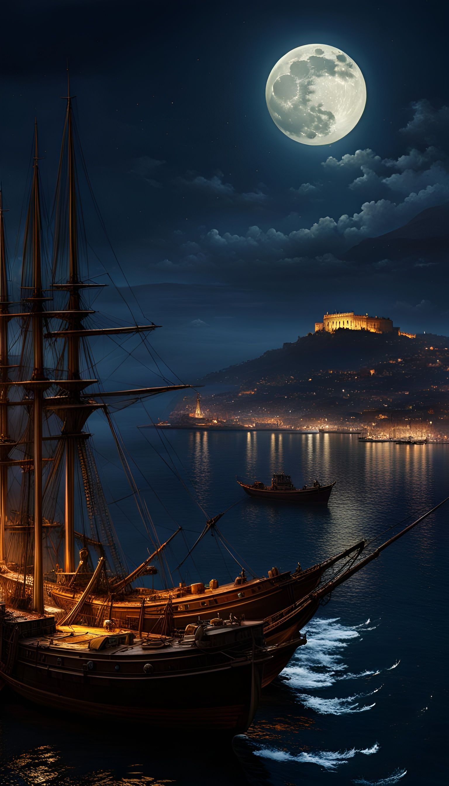 Moonlight Over Naples Bay in 19th Century Style