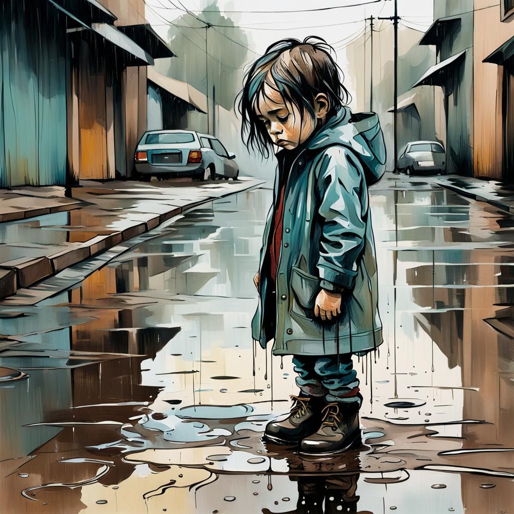 Sad Toddler in Rain, Abstract Art by Pasquini
