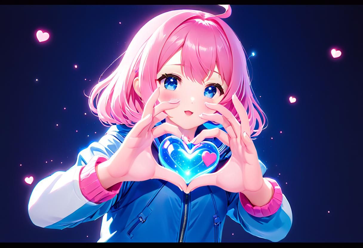 Anime Character Heart Pose in Blue and Pink