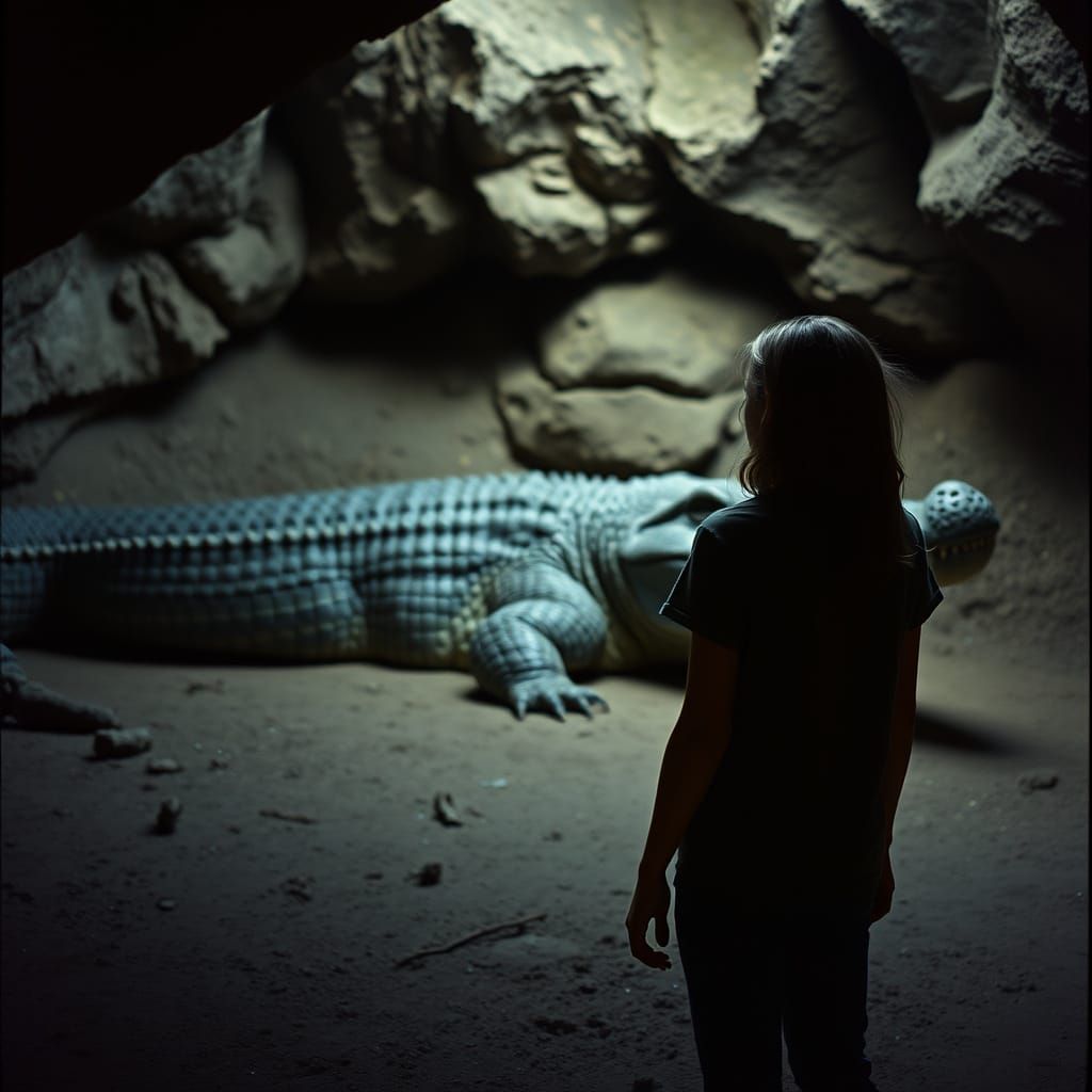 Teenage Girl and Sleeping Crocodile: Cinematic Cave Scene