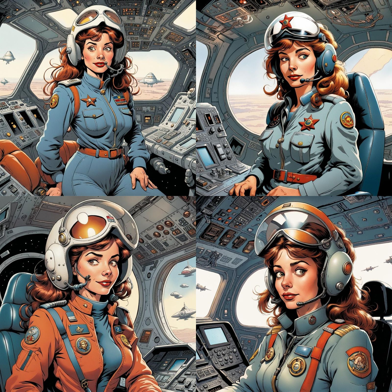 Glamorous Sci-Fi Pilot in Futuristic Spacecraft