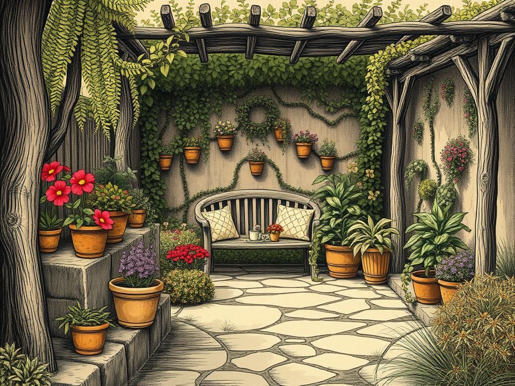 Secluded Garden Seating in Etching and Aquatint Style