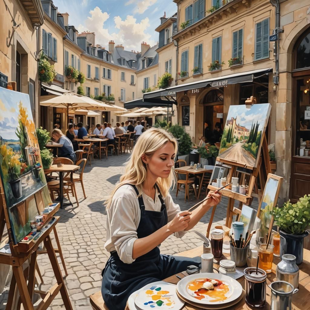 Artist Painting French Cafe Scene on Canvas