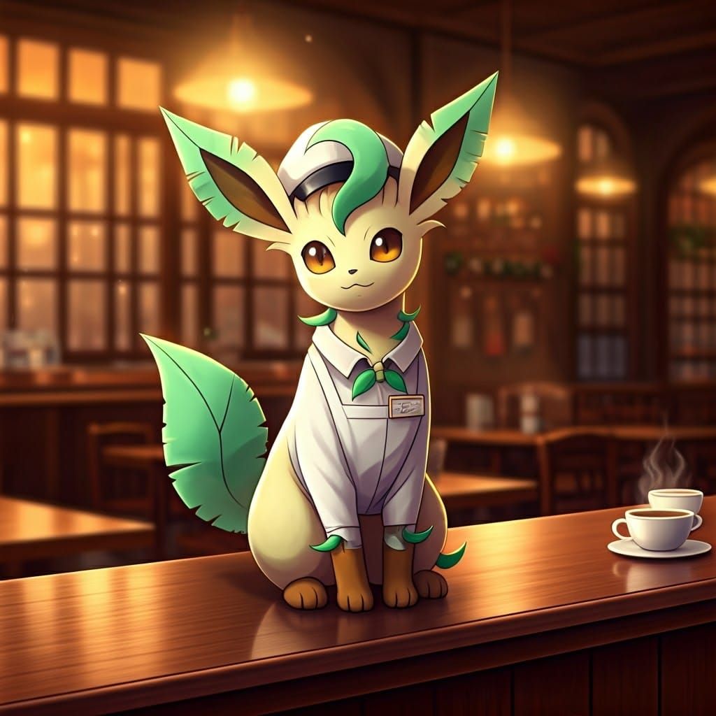 Regal Leafeon Barista in Vibrant Café Scene