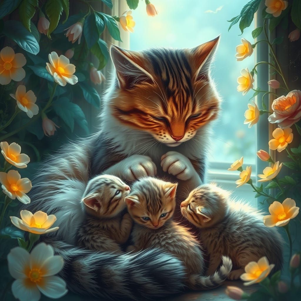 Mother Cat Tends to Kittens in an Enchanted Garden Scene