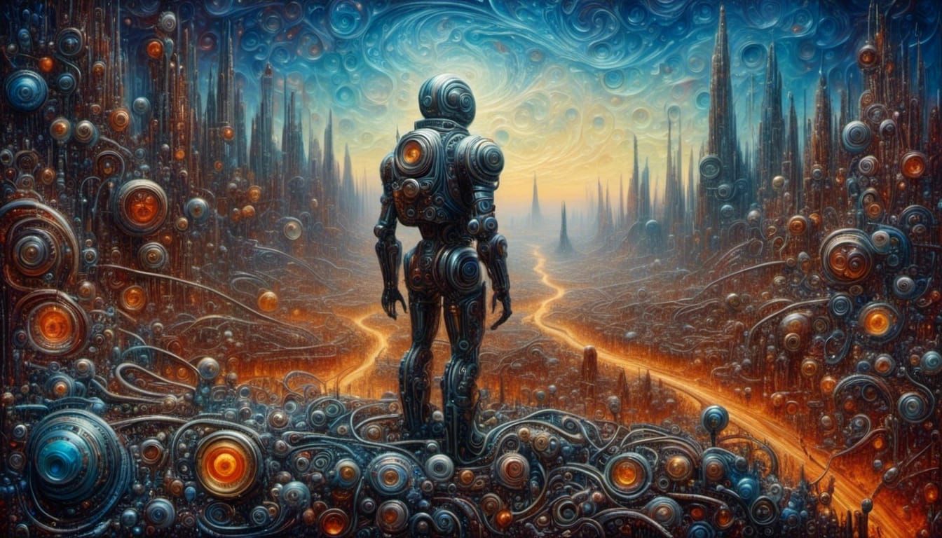 Cyborg Over Desert Cityscape as Impasto Oil Painting