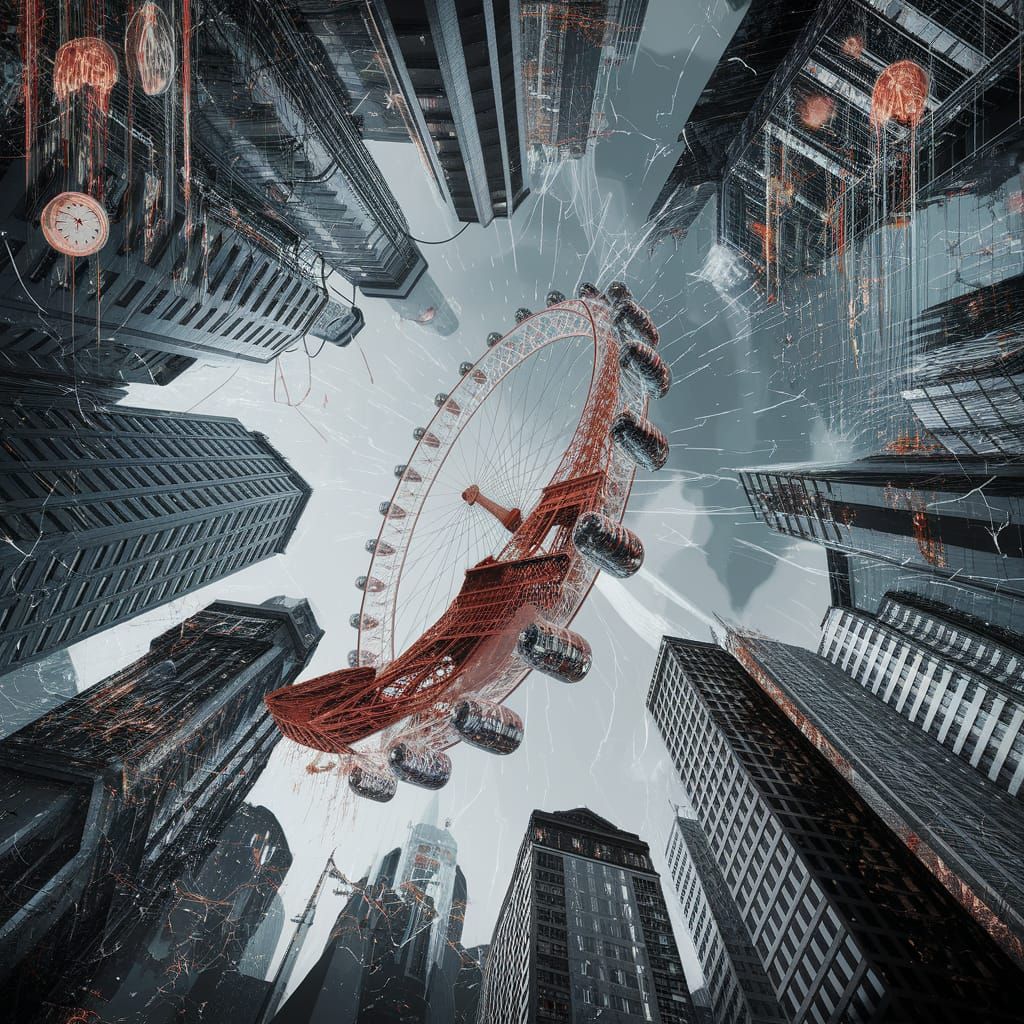 Gravity-Defying Metropolis Implosion in Digital Art