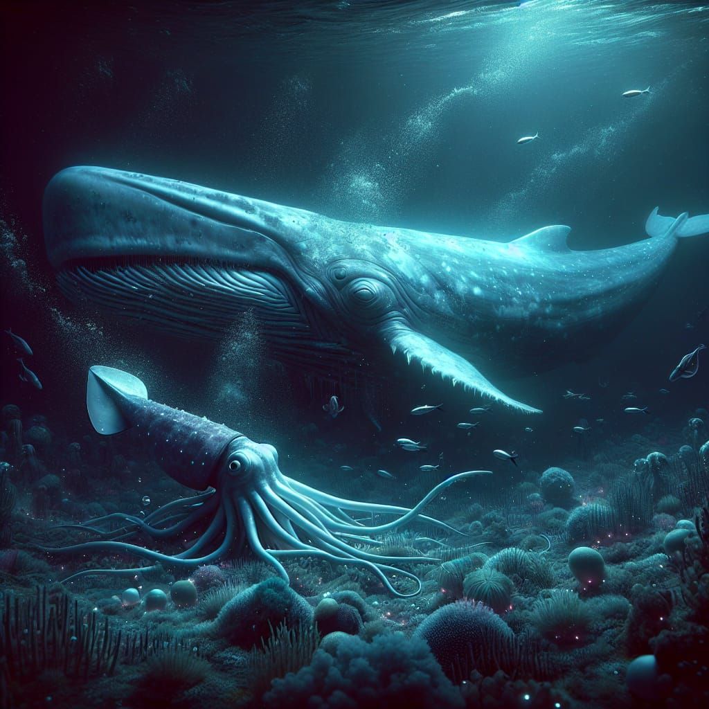 Colossal Sperm Whale Battles Giant Squid in Dark Ocean Depth...