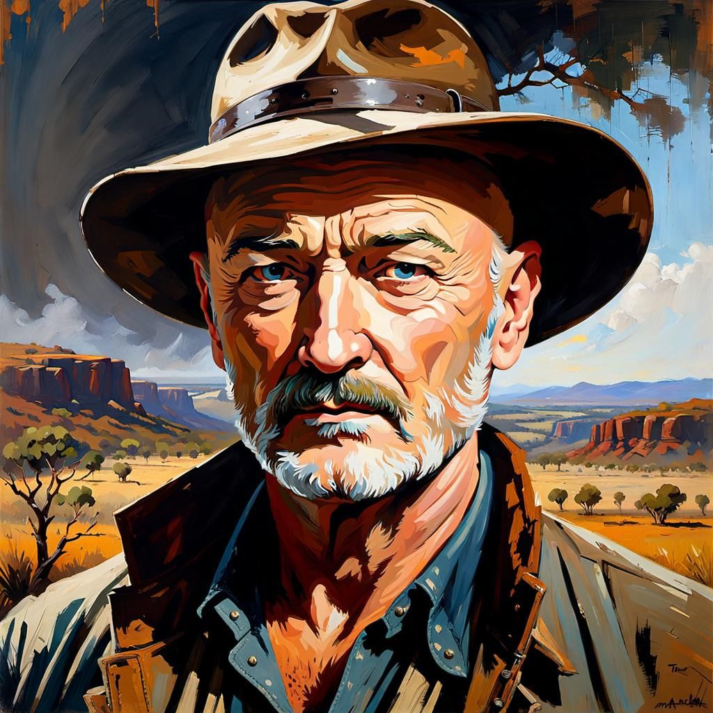Rugged Man in Outback, Oil Painting Poster Art