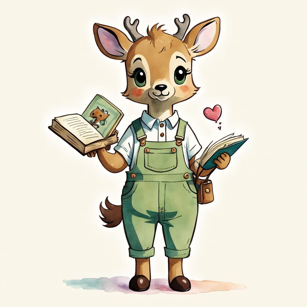 Whimsical Watercolor Deer Cub Reads a Book