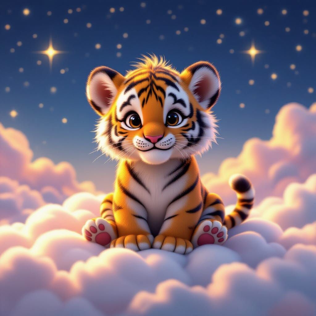 Cute Fluffy Tiger Cub on Cloud in Dreamy Colors