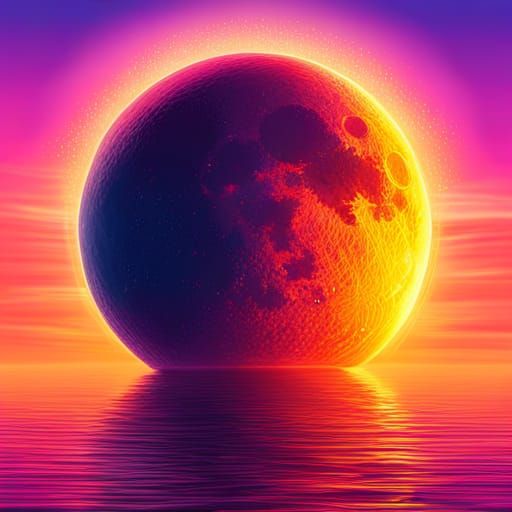 Hyperrealistic Lunar Sunset in Synthwave Neon Style
