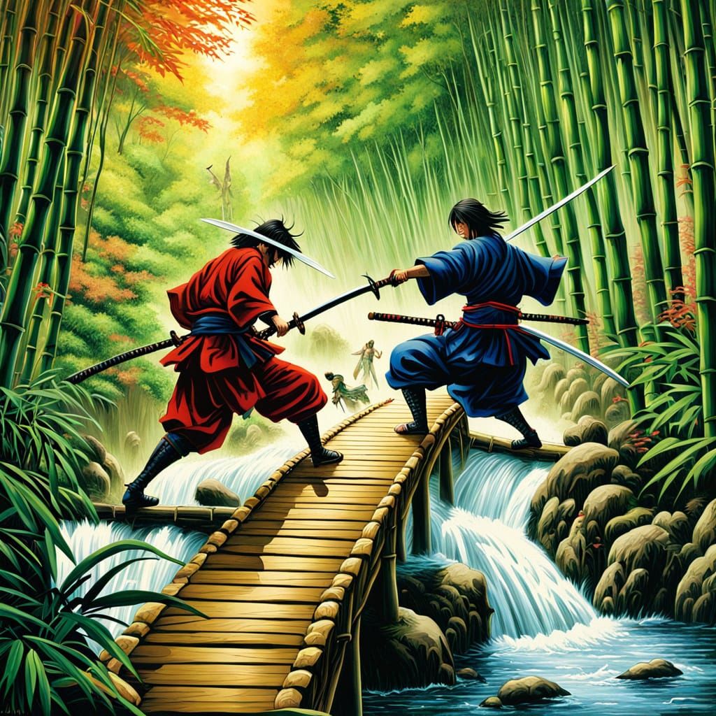 Samurai Clash on Mystical Bamboo Bridge in Feudal Japan