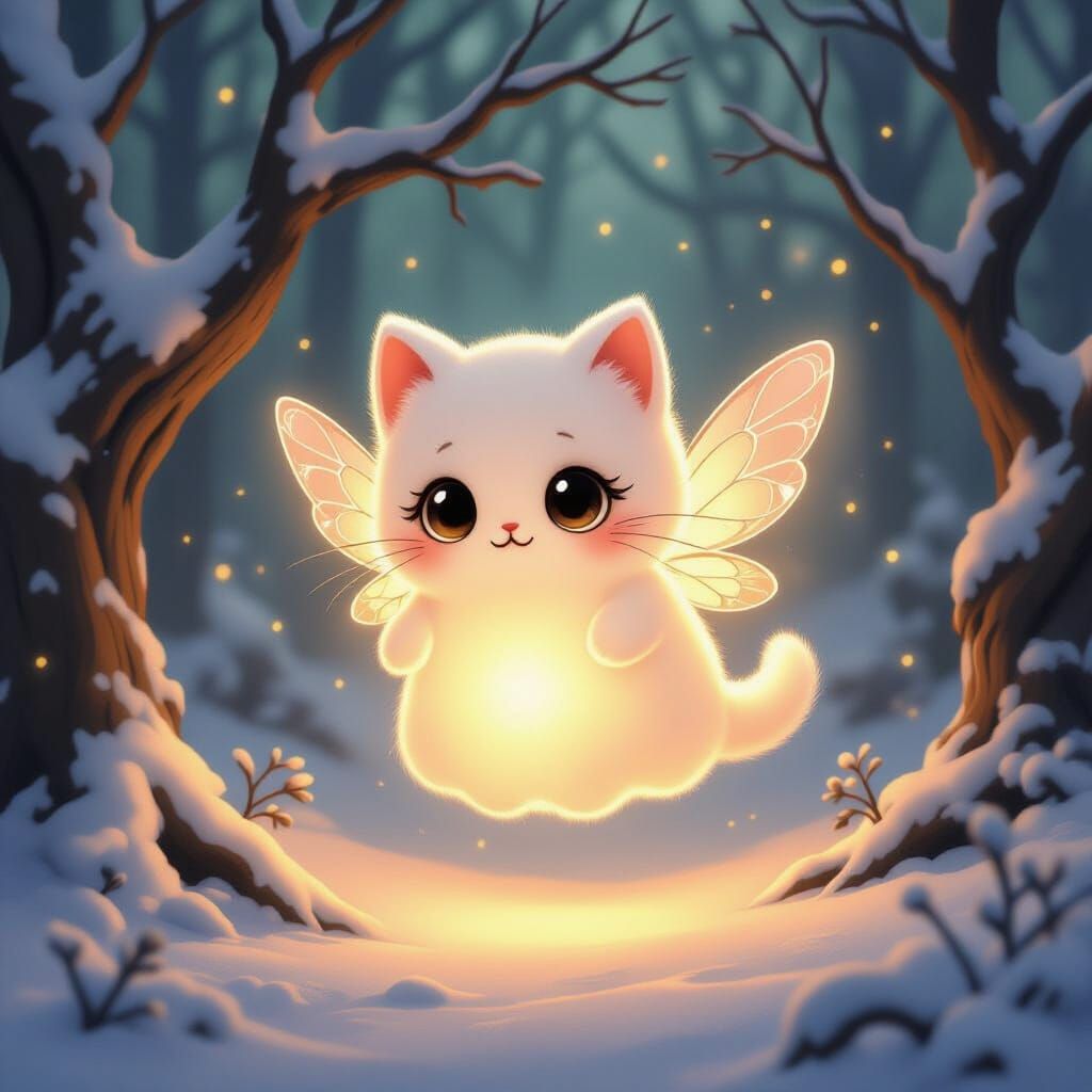 Cute Kittenghost Floating in Snowy Forest