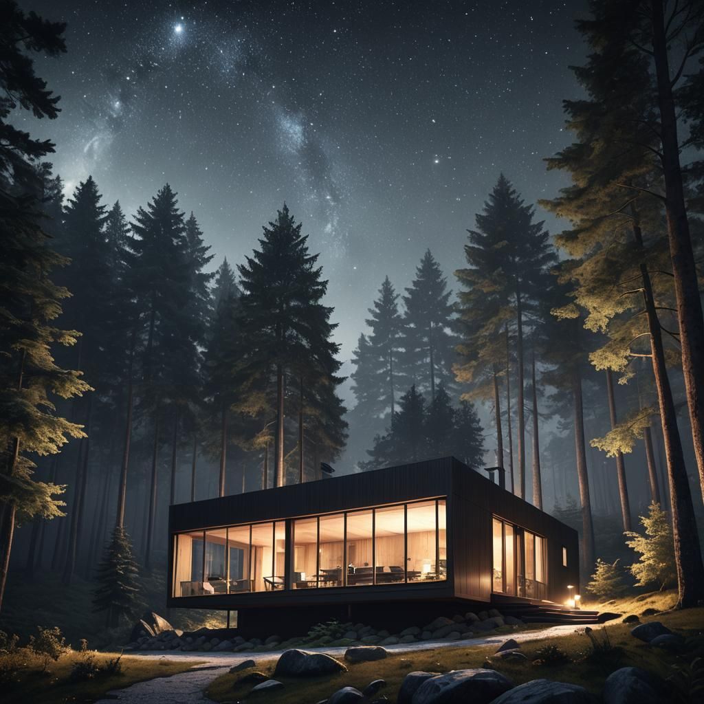 Minimalist Mountain Cottage Under Starry Sky